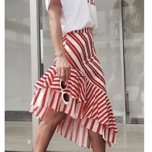 Zara Red/White Stripe Ruffle Asymmetrical Skirt